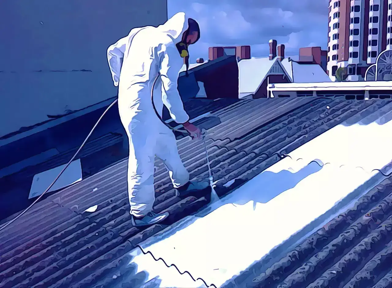 Trabajador con traje protector aplica pintura para uralita en un tejado.