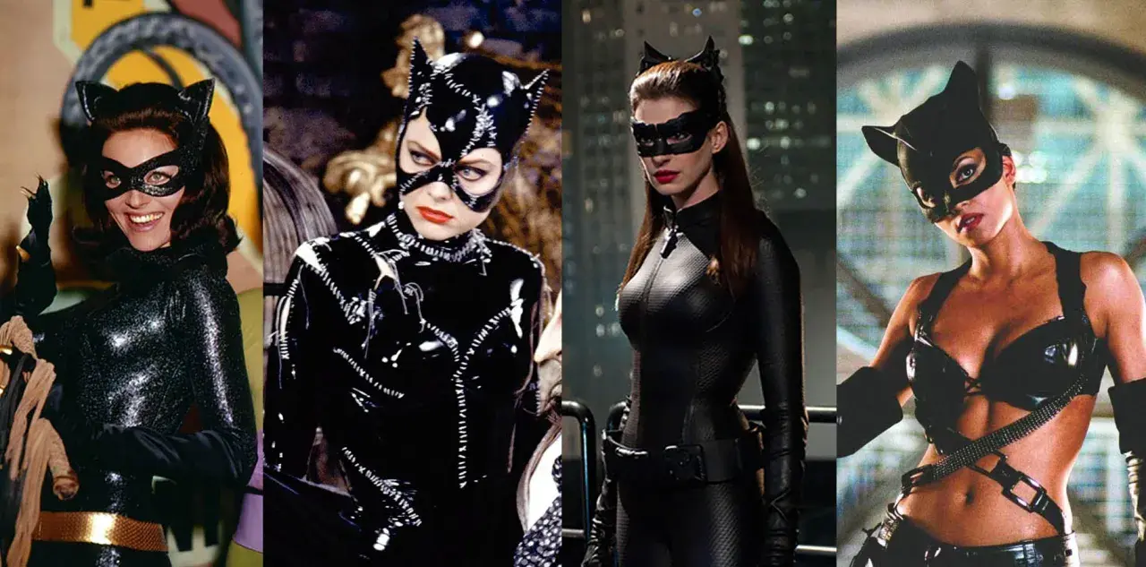 Quatre actrices incarnent Catwoman dans des costumes iconiques : Julie Newmar, Lee Meriwether, Anne Hathaway et Halle Berry.