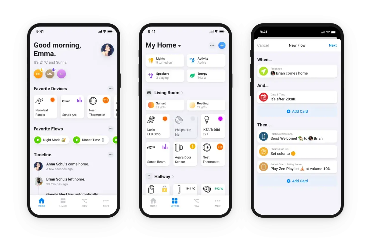 Pantallas de una smarthome app: "Good morning, Emma", "My Home" con dispositivos y "New Flow" para automatizar el hogar.