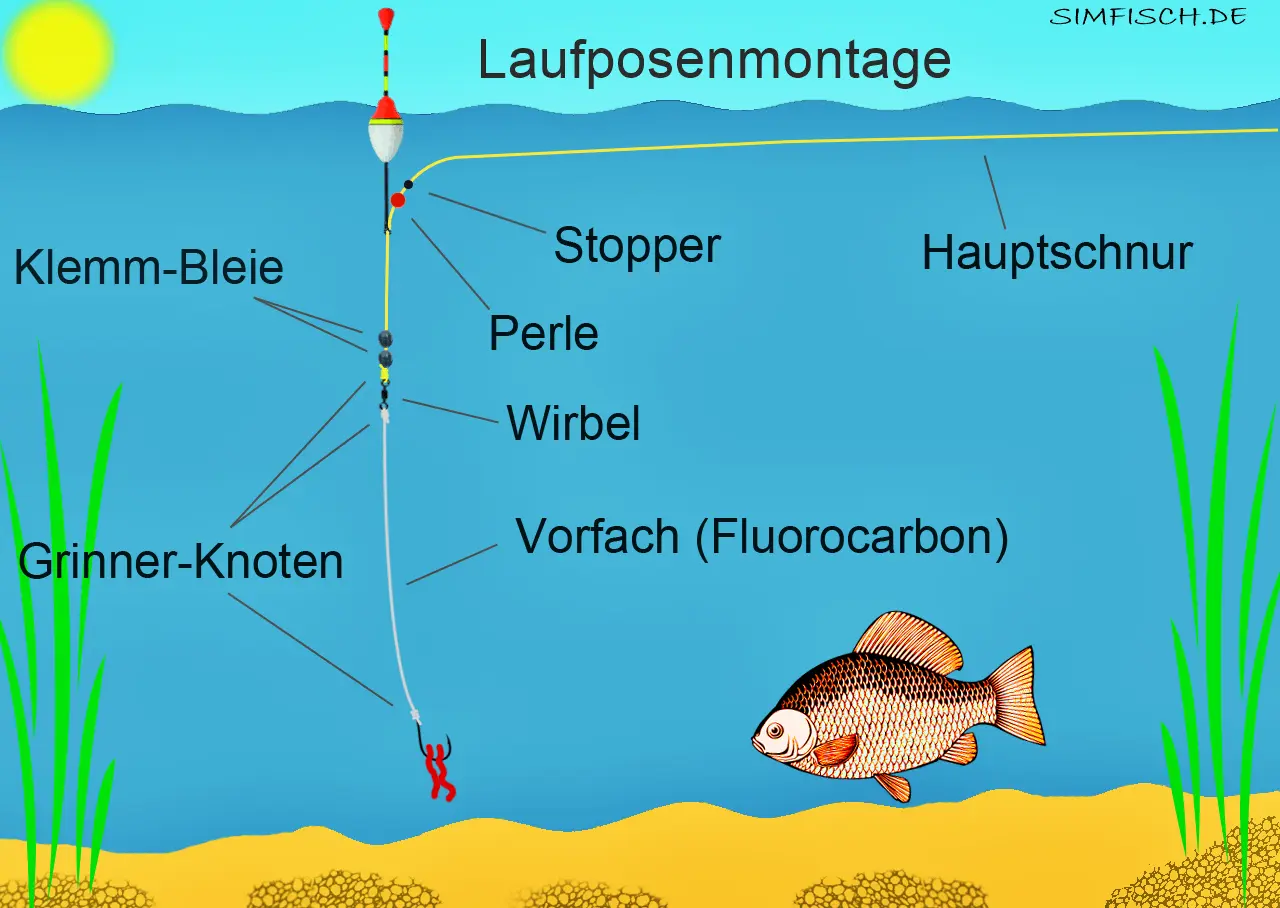 Eine Laufposenmontage mit Stopper, Perle, Wirbel, Klemmblei und Grinner-Knoten. Ein Fluorocarbon-Vorfach mit Haken und Köder wartet auf einen Fisch.