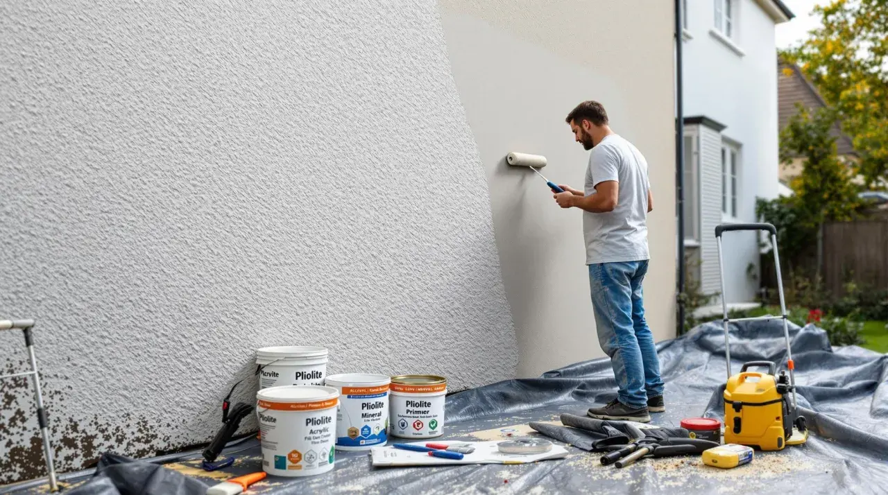 Un homme peint un mur en pierre texturé en blanc avec un rouleau. Des pots de peinture sont au sol.