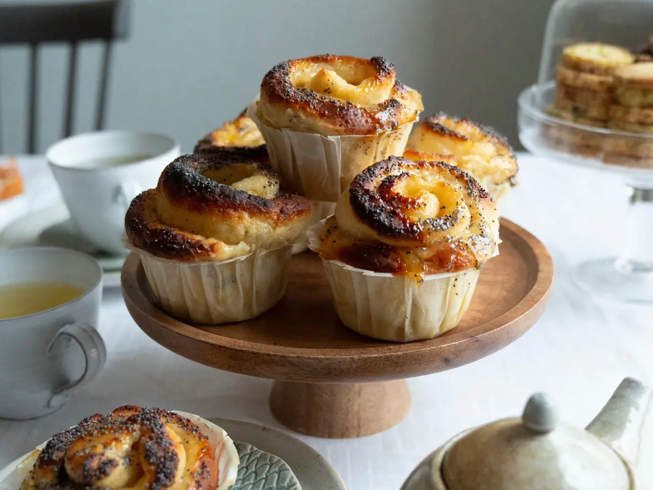 Nybakade bullar med lemoncurd och vallmofrön ligger uppradade på ett träfat. En mysig fika.