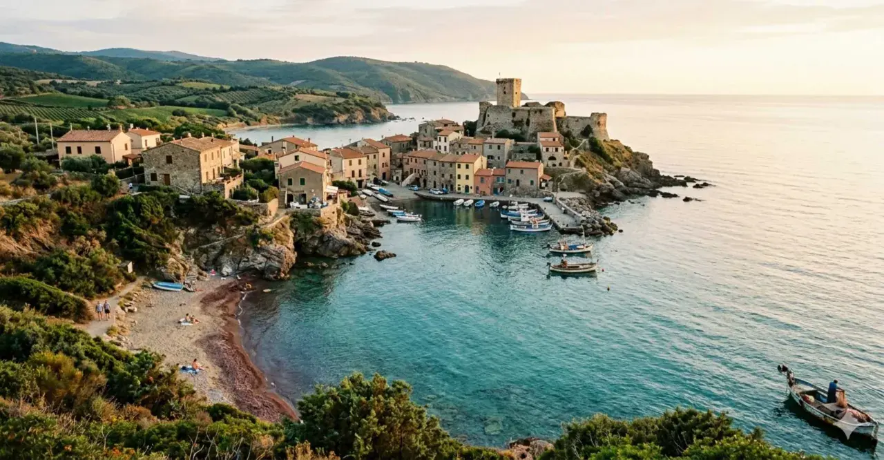 Borghi pittoreschi con un castello medievale affacciato sul mare, barche nel porto e una piccola spiaggia. Un incantevole scorcio di borghi vicino Marina di Massa.