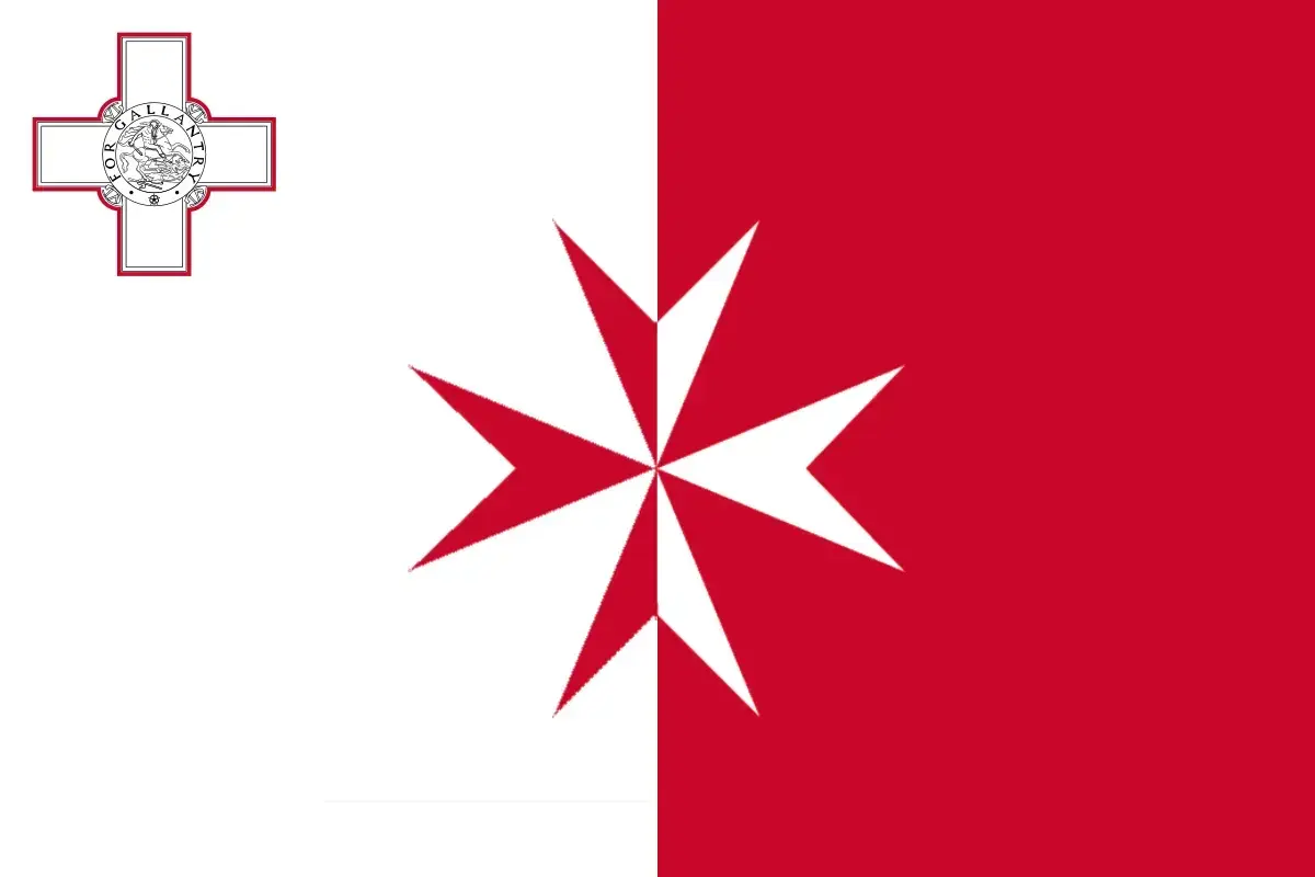 Flaga Malty: biało-czerwona z krzyżem maltańskim i herbem.