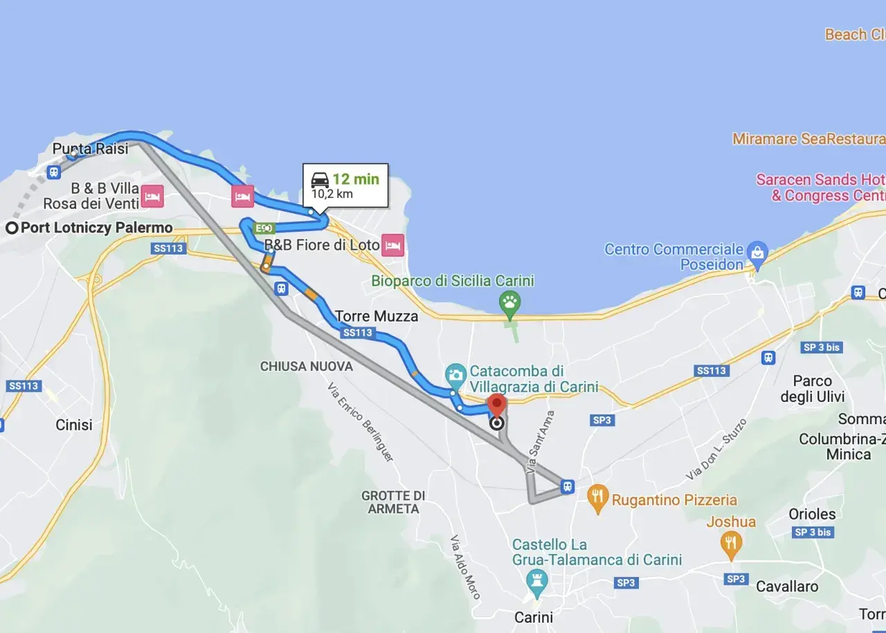Trasa z Palermo do Carini, z postojem w B&B Fiore di Loto. Podróż trwa 12 minut, pokonując 10,2 km. Mediolan Bergamo to nie ten region, ale podróż po Sycylii jest równie fascynująca.