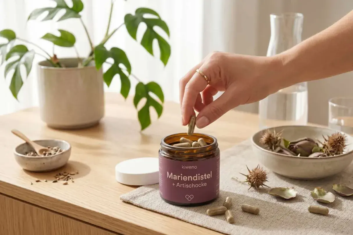Eine Hand nimmt eine Kapsel aus einem Glas Mariendistel + Artischocke. Informiere dich über mögliche Mariendistel Wechselwirkungen.