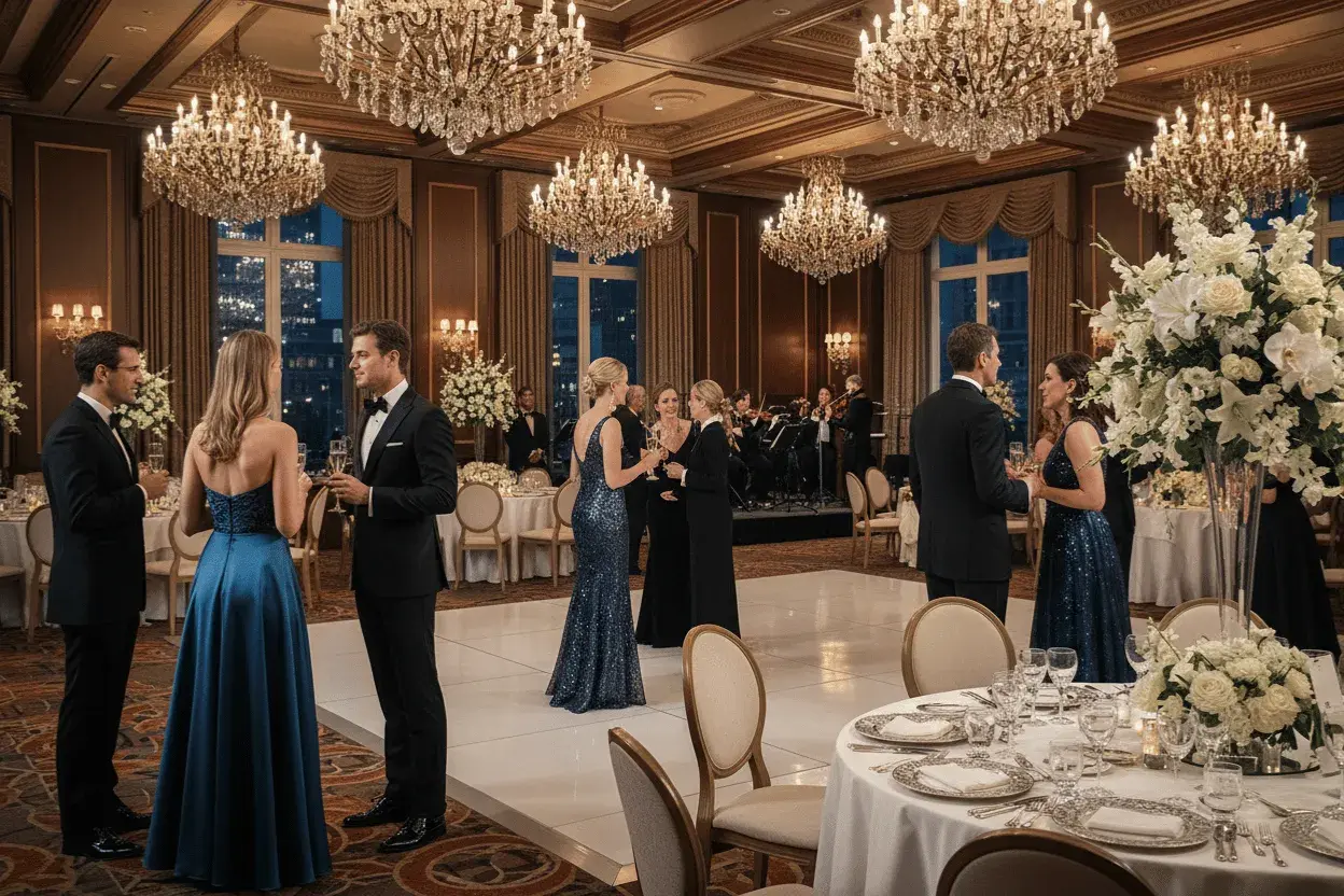 Elegante Damen in Abendkleidern und Herren im Frack bei einer Hochzeit mit Black-Tie-Gala.