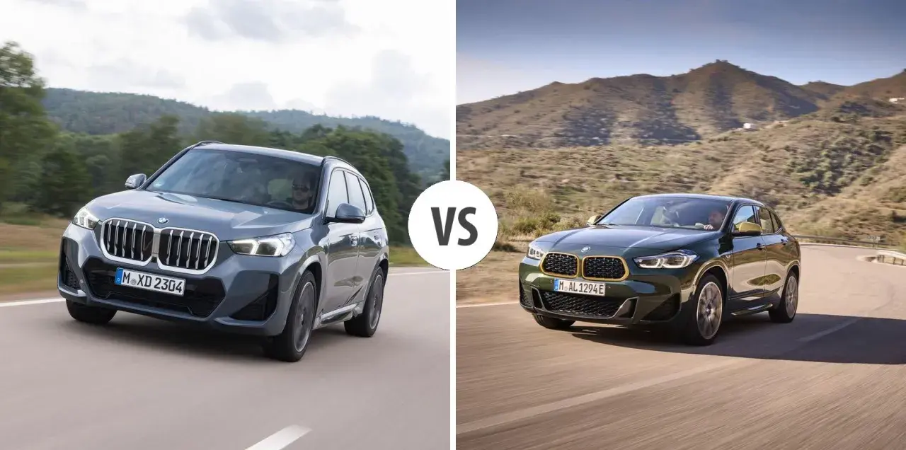 Dwa BMW X2 na drodze, jedno szare z przodu, drugie zielone z tyłu, w scenerii górskiej.