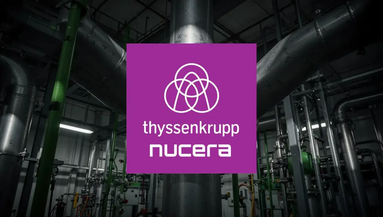 Industrielle Anlage mit dem Logo von thyssenkrupp nucera. Die thyssenkrupp nucera aktie steht für grüne Technologien.