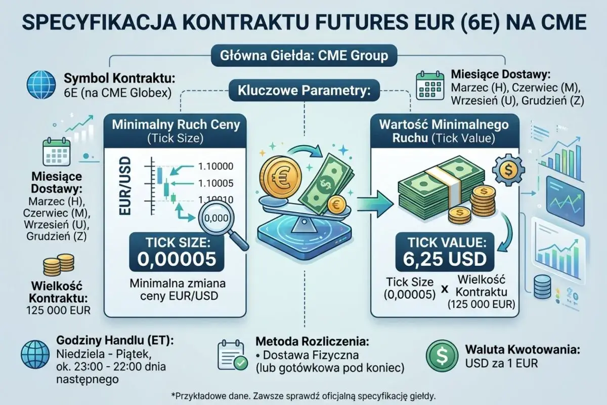 Specyfikacja kontraktu futures EUR (6E) na CME: kluczowe parametry, minimalny ruch ceny (tick size) 0,00005 i wartość minimalnego ruchu (tick value) 6,25 USD. To ważny kalendarz makro dla inwestorów.