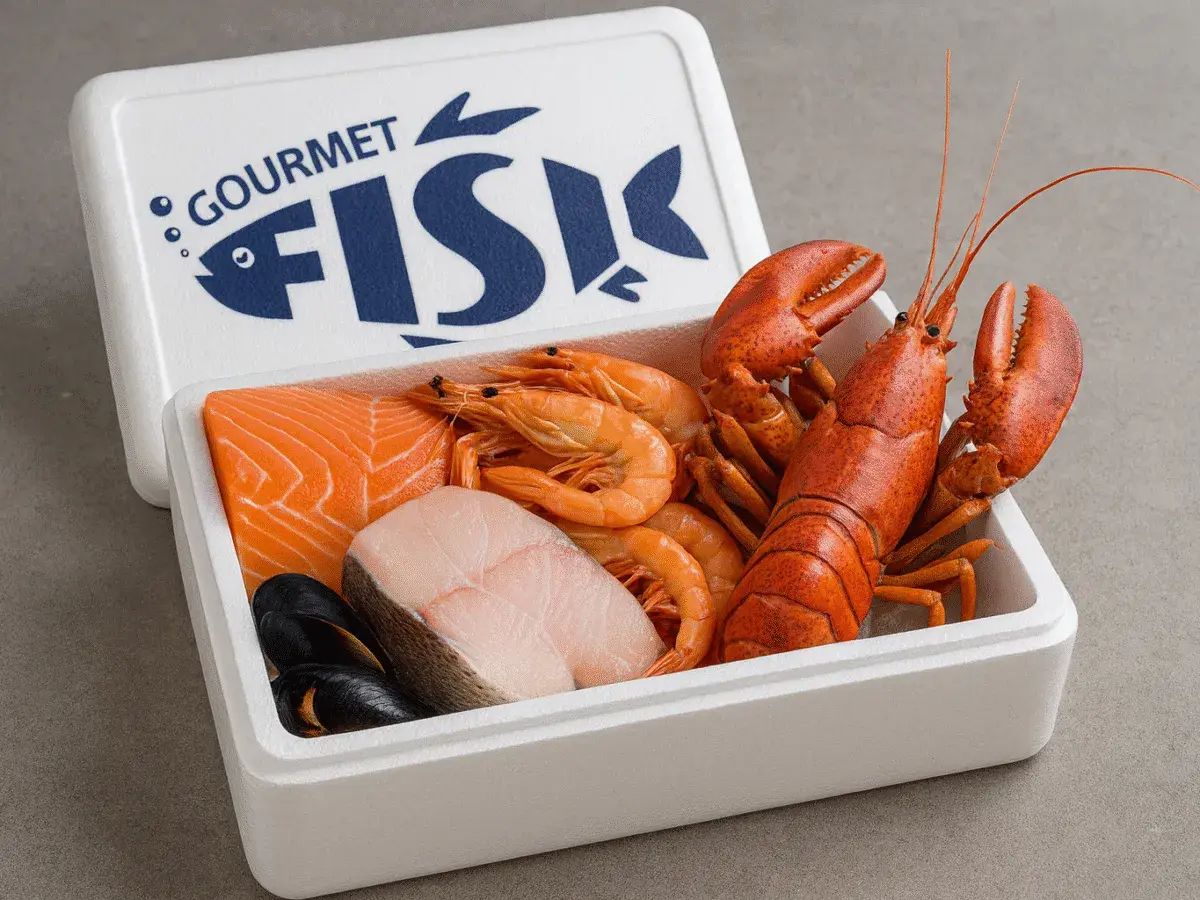 En låda med färska frutti di mare: laxfilé, räkor, en hel hummer, torskrygg och musslor.
