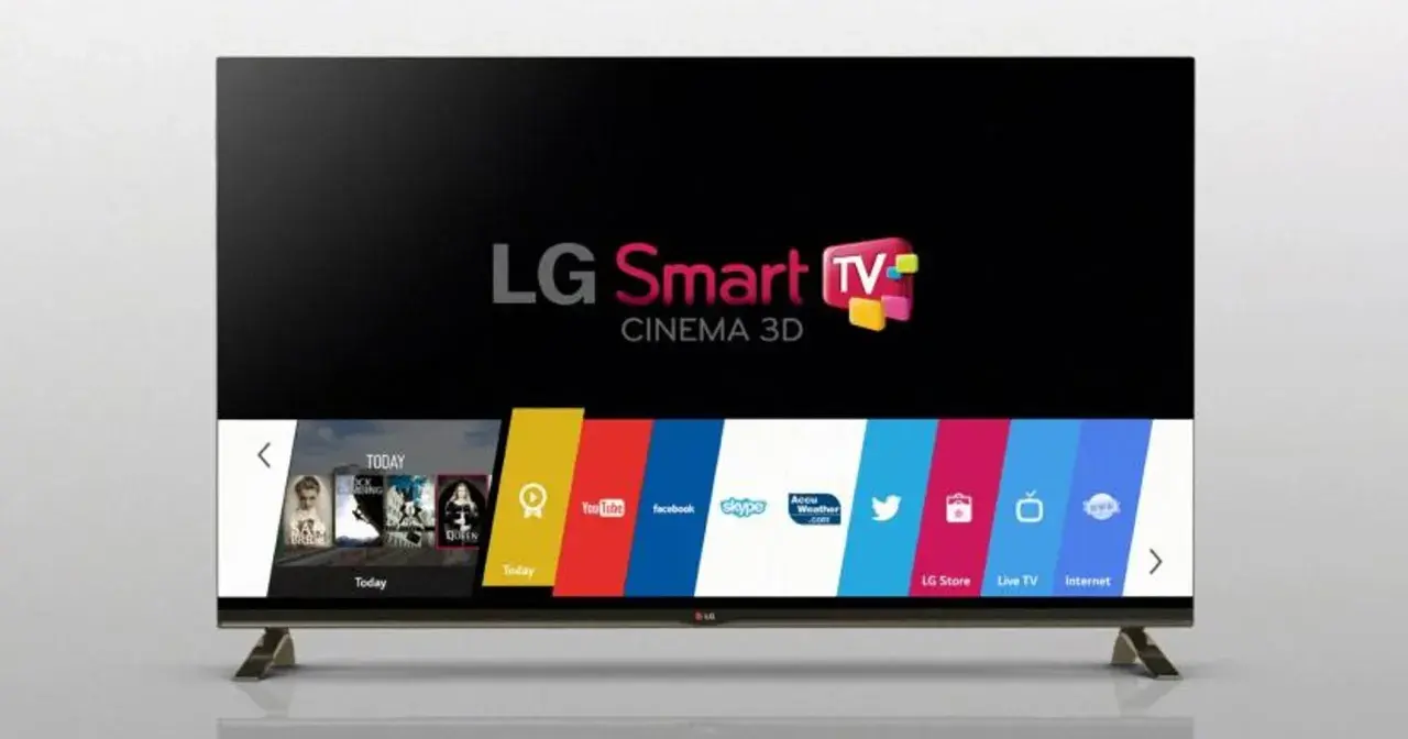 Telewizor LG Smart TV z systemem webOS, prezentujący menu z aplikacjami takimi jak YouTube, Facebook i Skype.