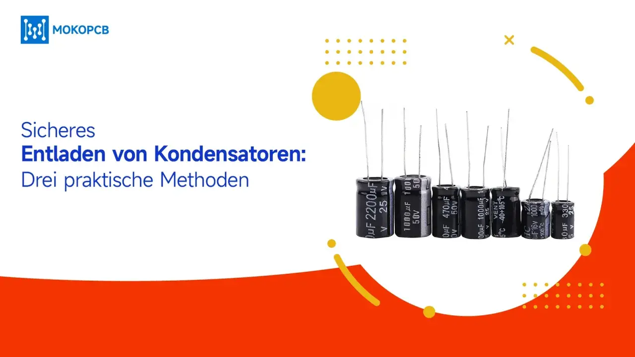 Mehrere Elektrolytkondensatoren, bereit für das sichere Entladen. Die Beschriftung "Sicheres Entladen von Kondensatoren" weist auf die Thematik hin.