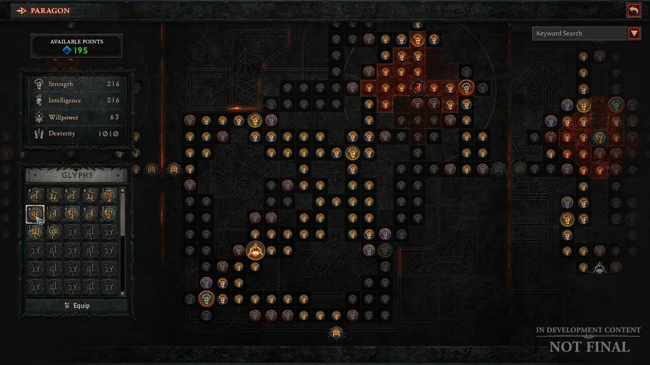 Diablo 4 drzewko umiejętności: panel z dostępnymi punktami, statystykami i glifami. Rozbudowany system rozwoju postaci.