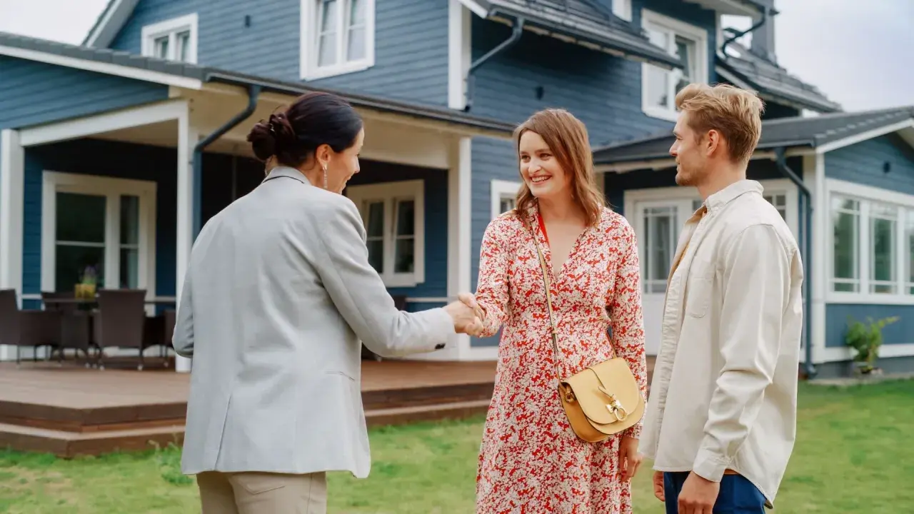 Un couple heureux serre la main d'une agente immobilière devant leur nouvelle maison. Ils ont réussi à vendre leur ancienne propriété et à garder leur prêt.