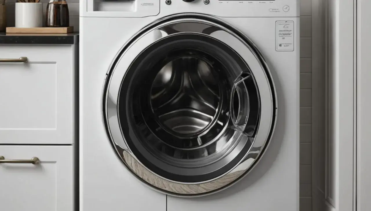 Nowa pralka Whirlpool z błędem F05. Nowoczesny design, chromowany bęben i eleganckie uchwyty szafek.