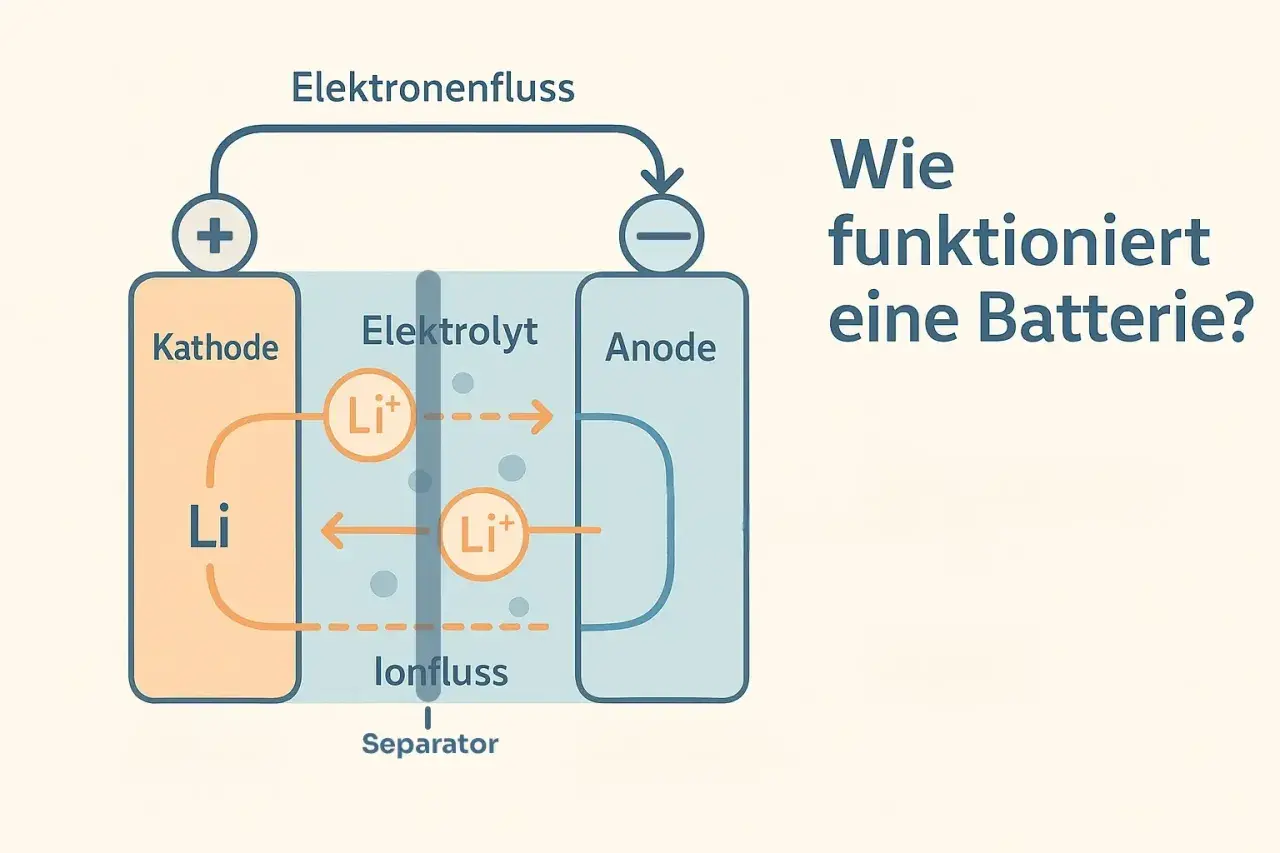 Schema erklärt, wie funktioniert eine Batterie: Lithiumionen wandern durch den Elektrolyten, während Elektronen fließen.