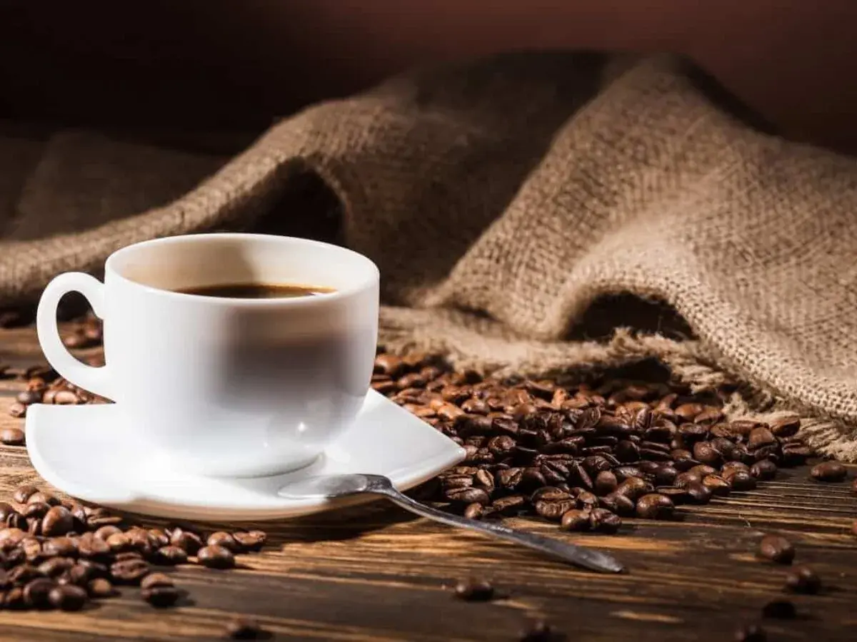 Aromatic coffee beans surround a white cup. Zastanawiasz się, ile kofeiny ma kawa w 100 ml?