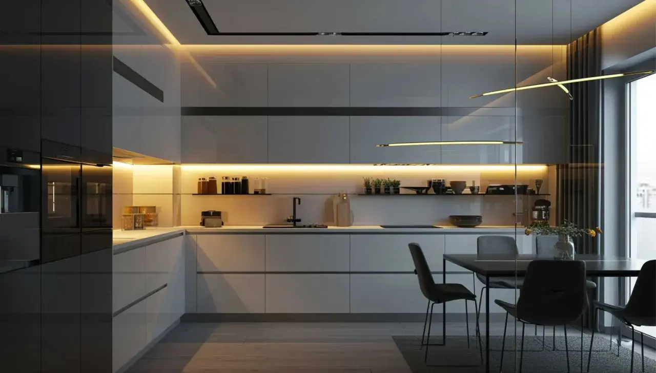 Cocina moderna con iluminación cálida bajo gabinetes y en el techo. La luz es clave para crear ambiente, ¿qué luz es mejor para la cocina?