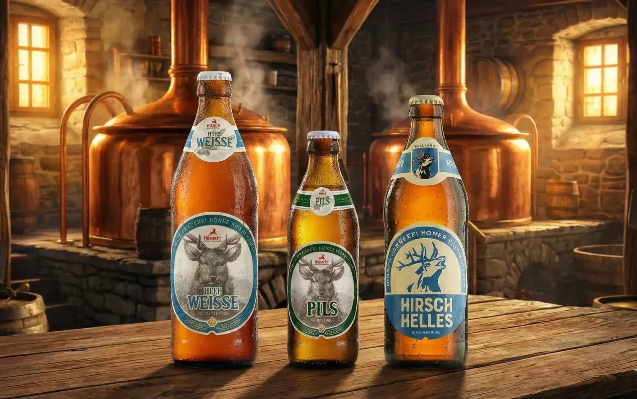 Trois bières allemandes, une Hefe Weisse, une Pils et une Helles, sur une table en bois devant des cuves de brassage.