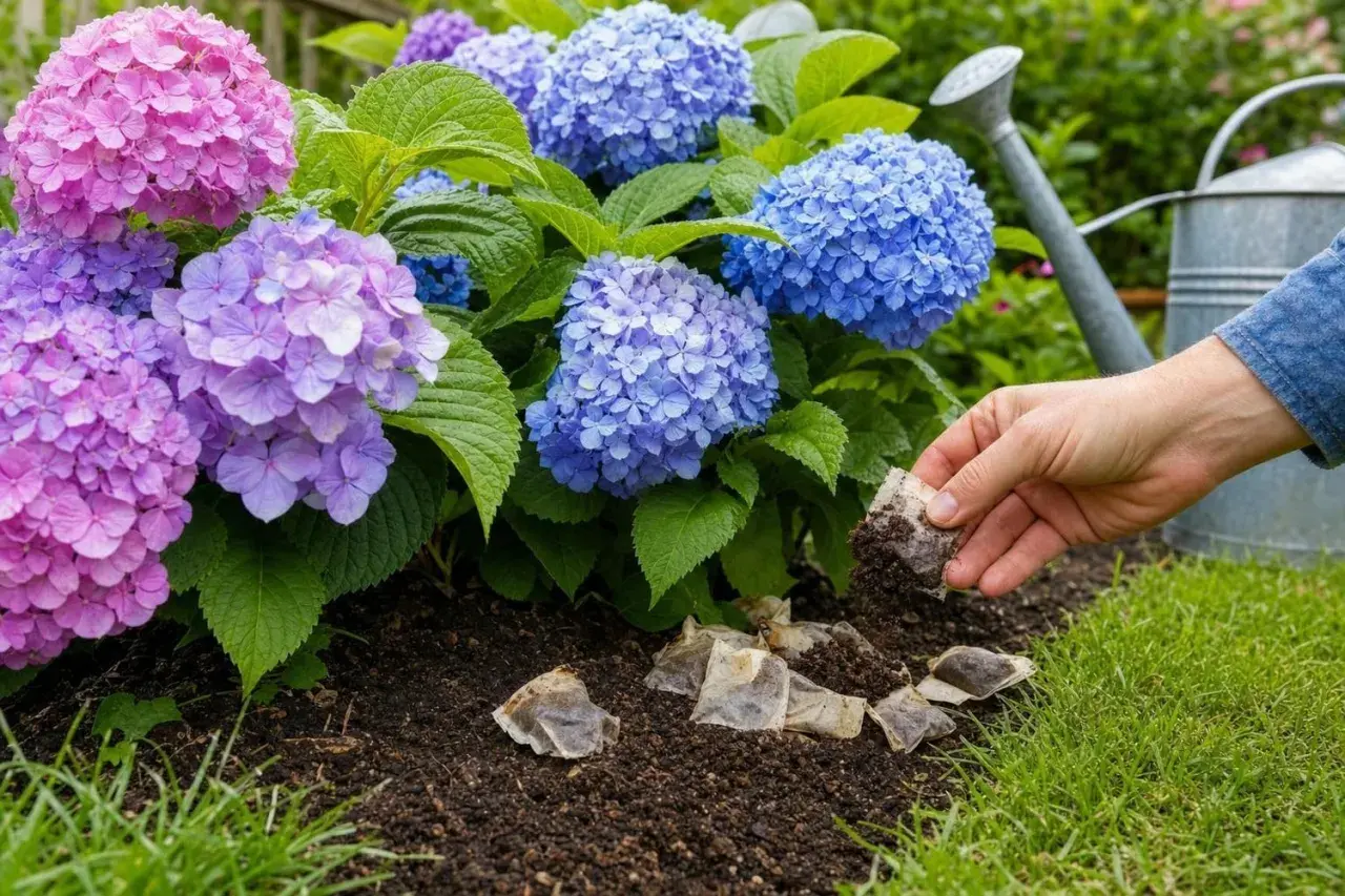 Une main ajoute du marc de thé au pied d'hortensias aux magnifiques fleurs roses et bleues. L'hortensia couleur est sublimé par ce geste.