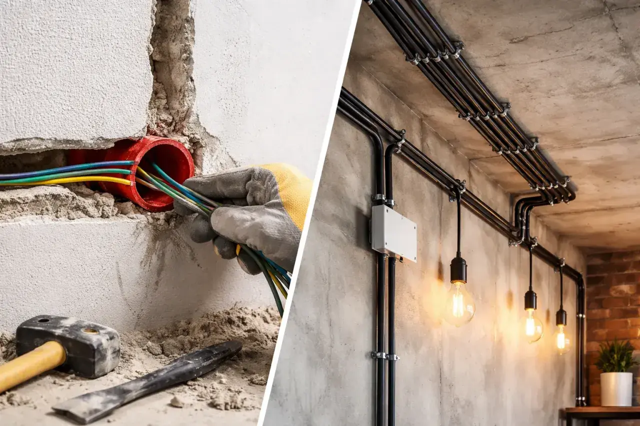 Przegląd instalacji elektrycznej: montaż przewodów w ścianie i estetyczne prowadzenie kabli z lampami w industrialnym stylu.