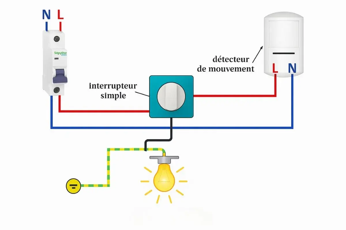Schéma de câblage d'un détecteur de mouvement pour une alarme, incluant un disjoncteur, un interrupteur simple et une ampoule.