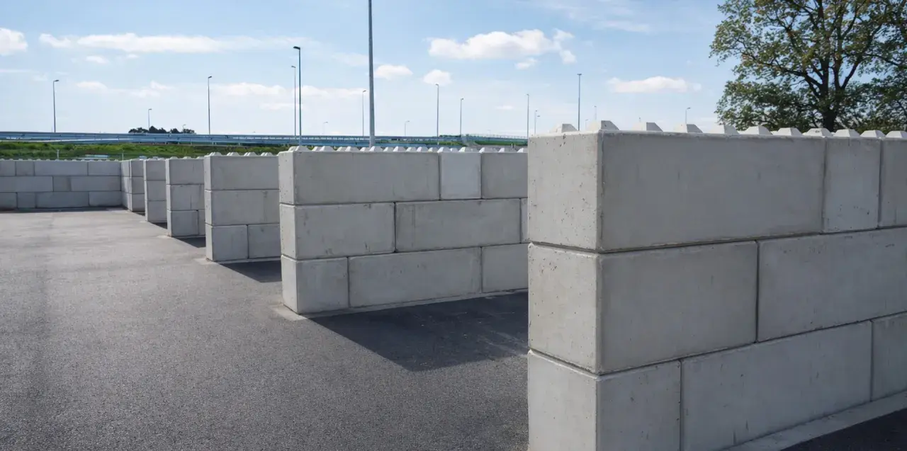Zbrojenie muru oporowego z betonowych bloków, tworzące labirynt.