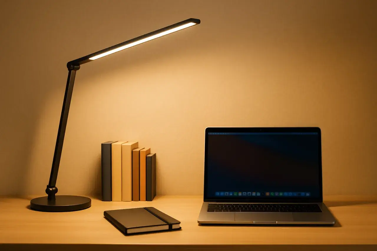 Escritorio con portátil, libros y flexos modernos iluminando la escena.
