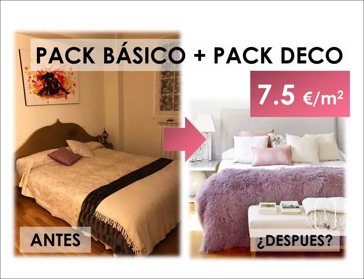 Antes y después de renovar dormitorio sin cambiar muebles. Un dormitorio se transforma con un pack deco, añadiendo cojines y mantas.