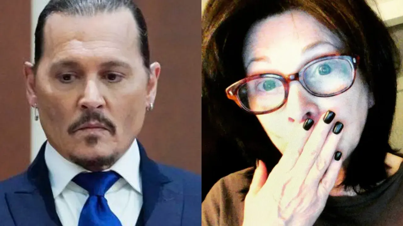 Johnny Depp obok Lori Anne Allison, która zakrywa usta dłonią z czarnym lakierem.