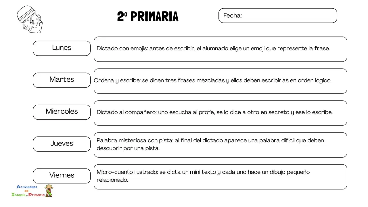 Planificador semanal de actividades para 2º Primaria, incluyendo dictados largos y otras tareas de escritura y comprensión.