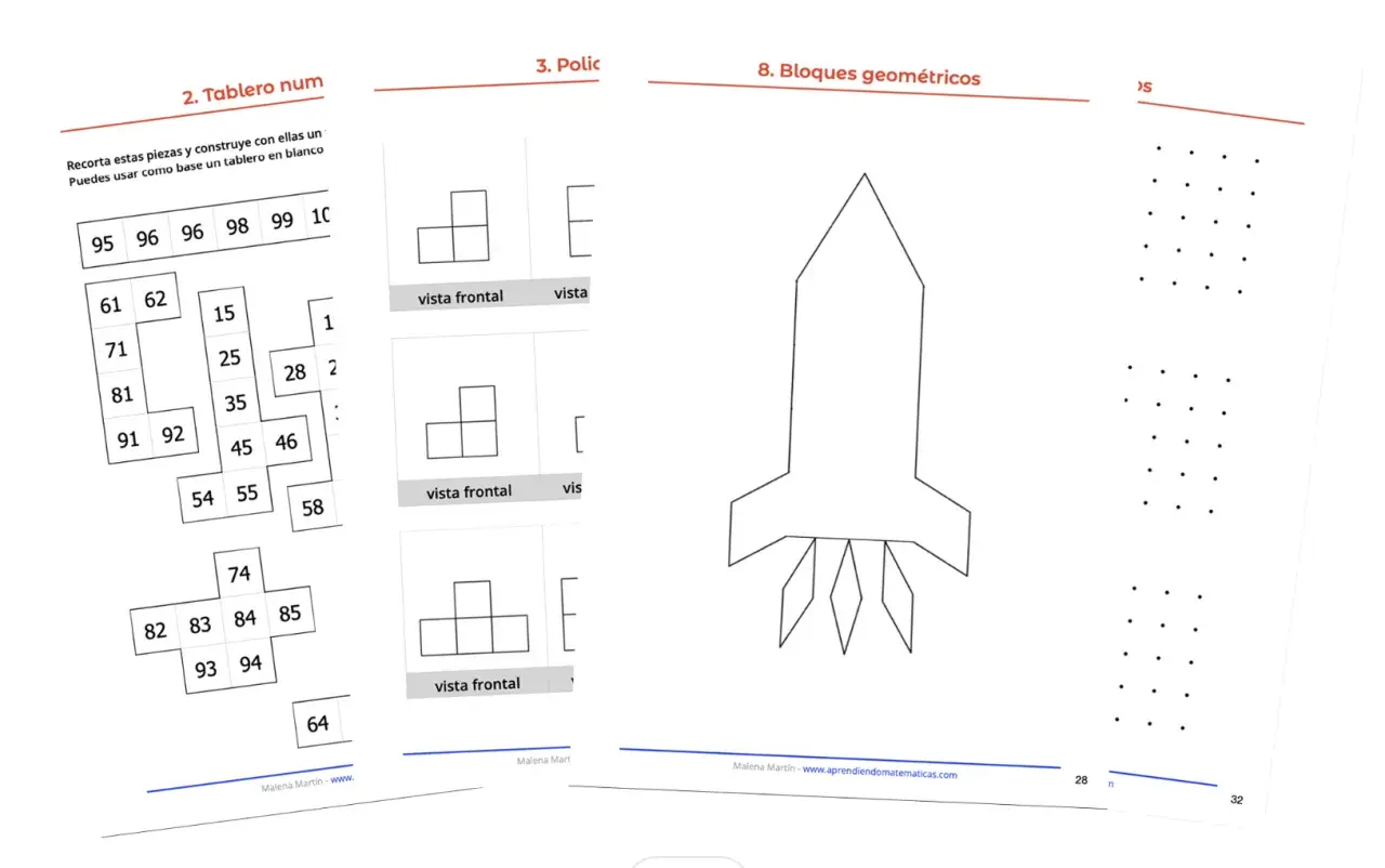 Tablero con números y dibujos para construir. Incluye piezas con números, vistas frontales de bloques y un cohete. Ideal para actividades de **dibujos con números**.