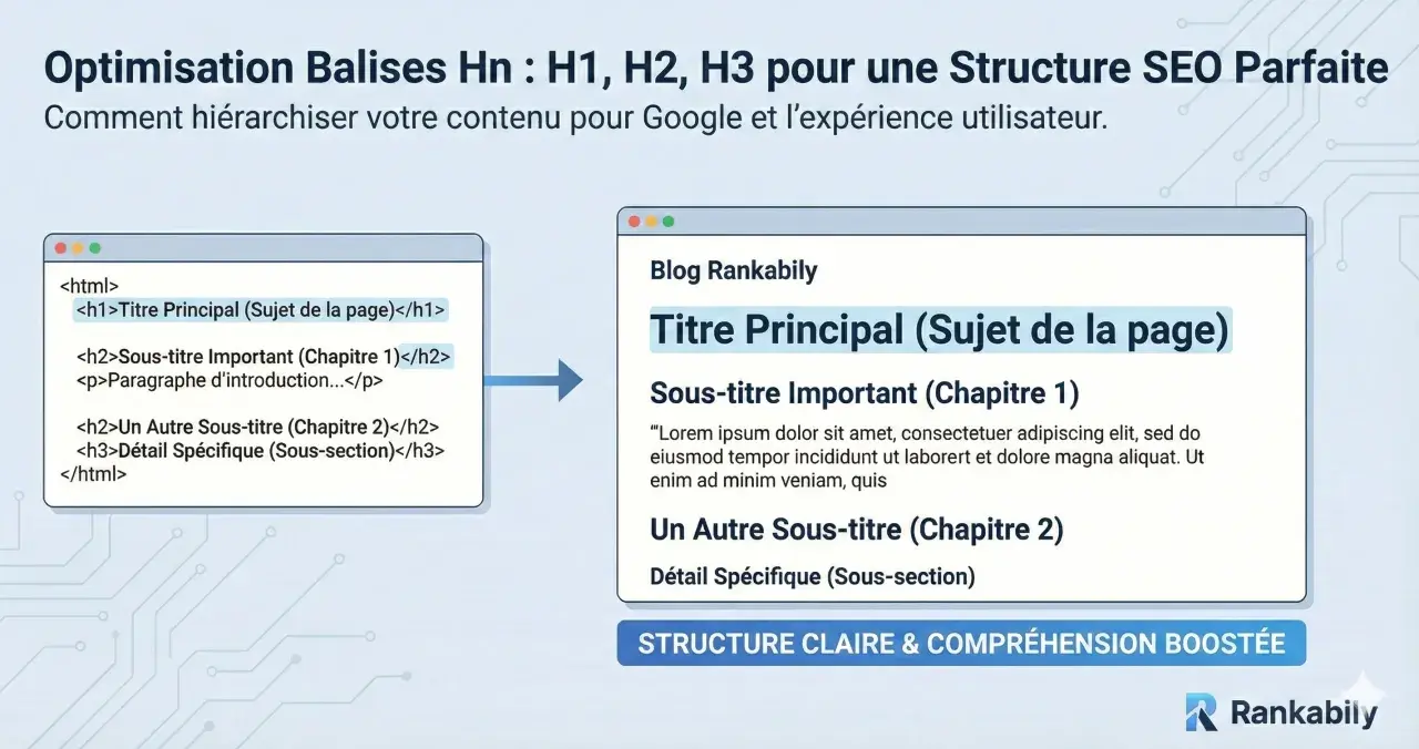 Exemple de code html montrant l'utilisation des balises Hn (H1, H2, H3) pour structurer un contenu de blog, optimisant ainsi le SEO.