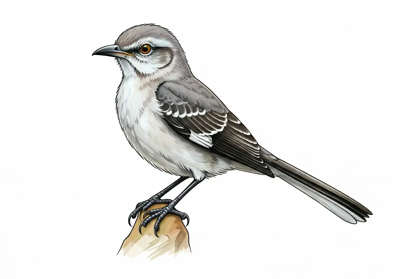 Szary ptak, mockingbird, siedzi na kamieniu. Ma białe paski na skrzydłach i pomarańczowe oczy.