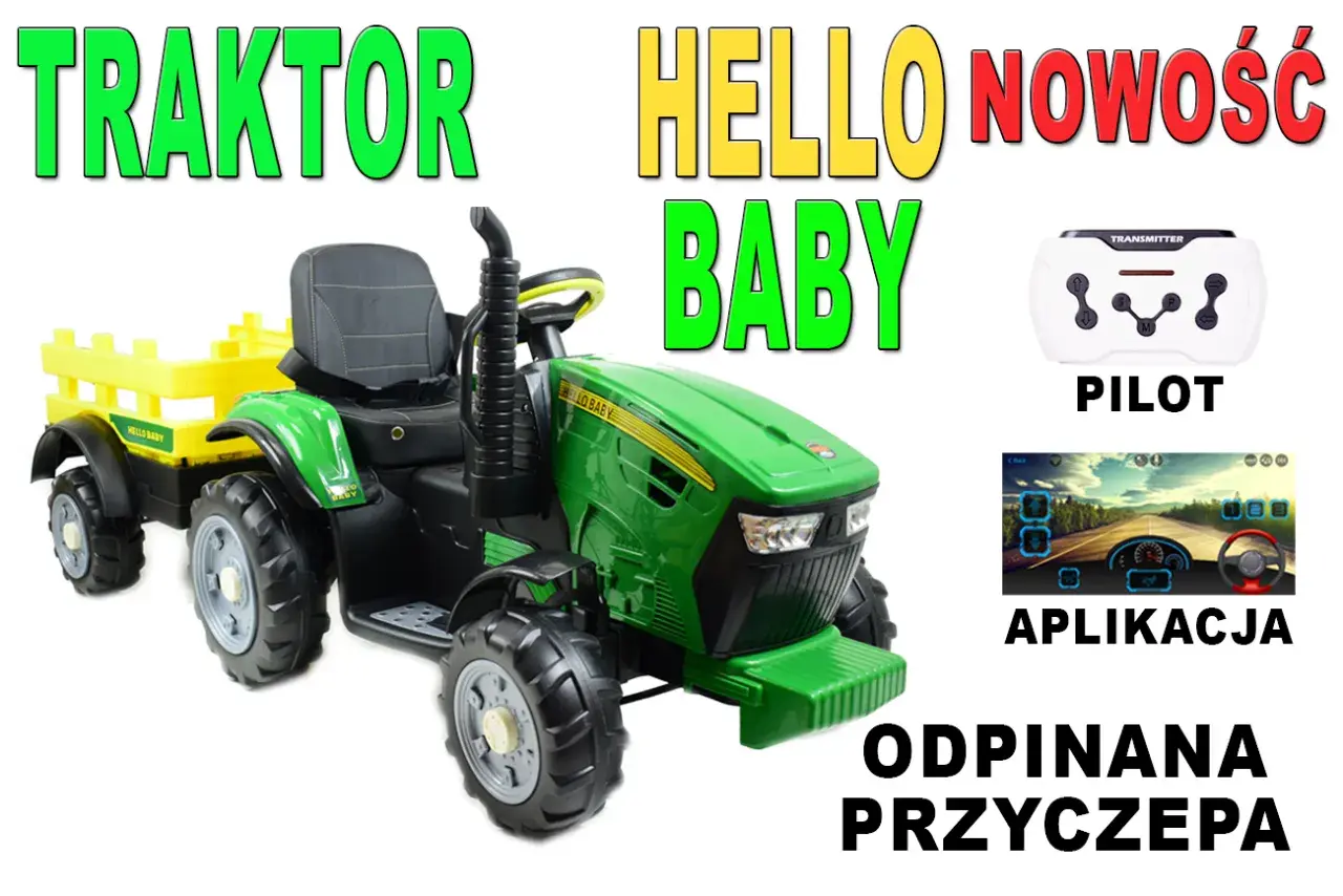 Zielony traktor zabawkowa z żółtą przyczepą, pilotem i ekranem aplikacji.