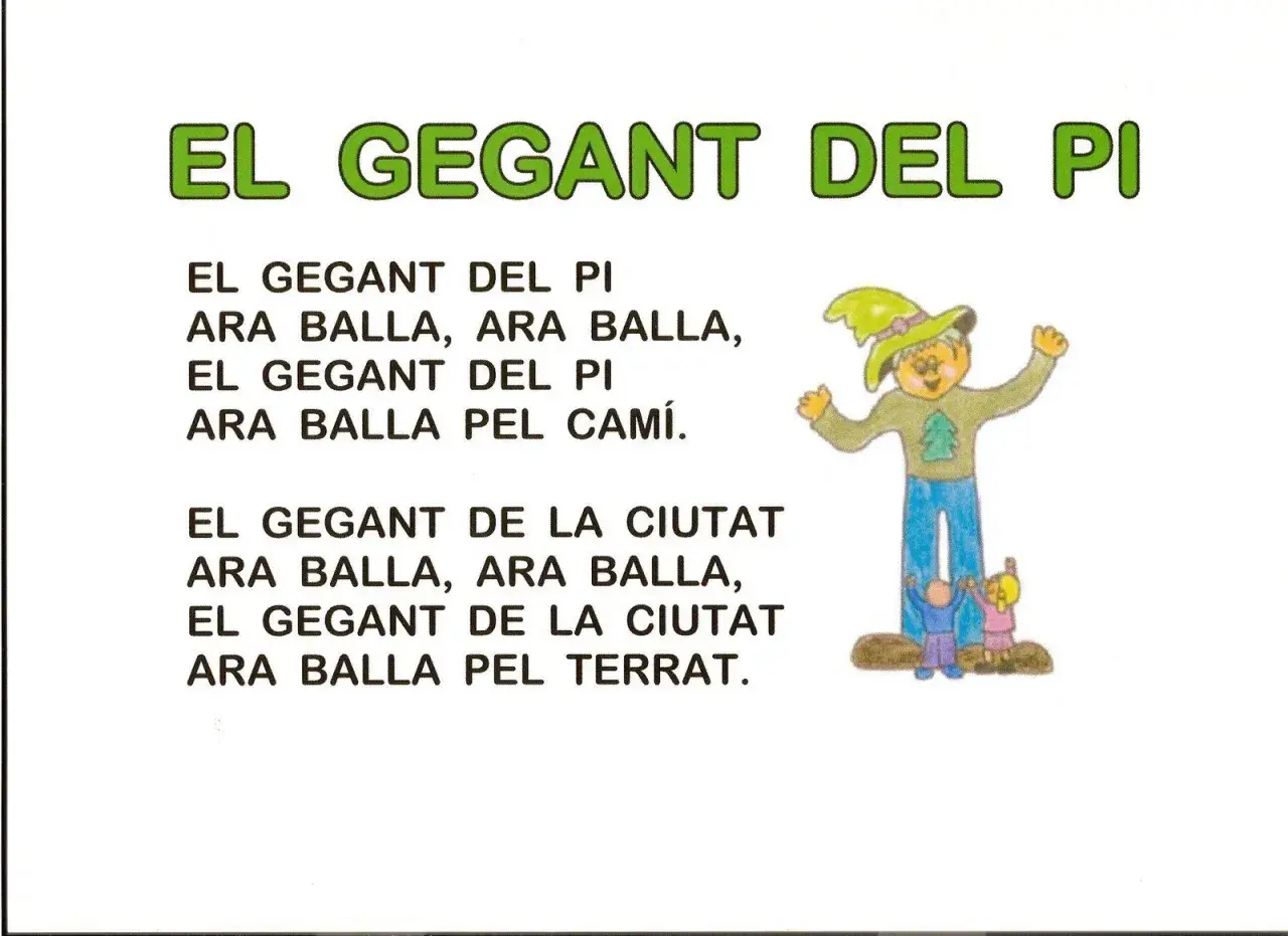 Canciones en valenciano para niños: "El Gegant del Pi" baila por el camino. Un gigante con sombrero verde y dos niños pequeños.