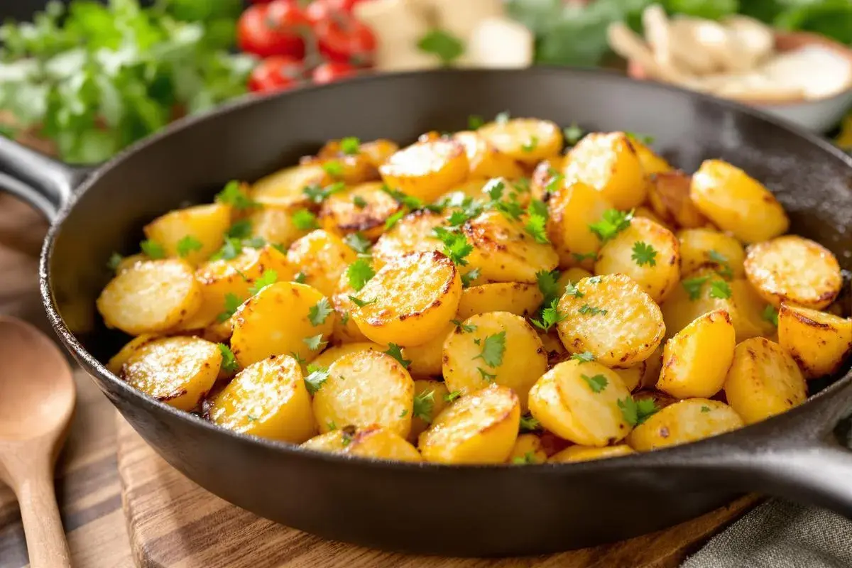 Pommes de terre coupées en deux, dorées et garnies de persil frais, servies dans une poêle en fonte. Un délice de pomme de terre plancha !