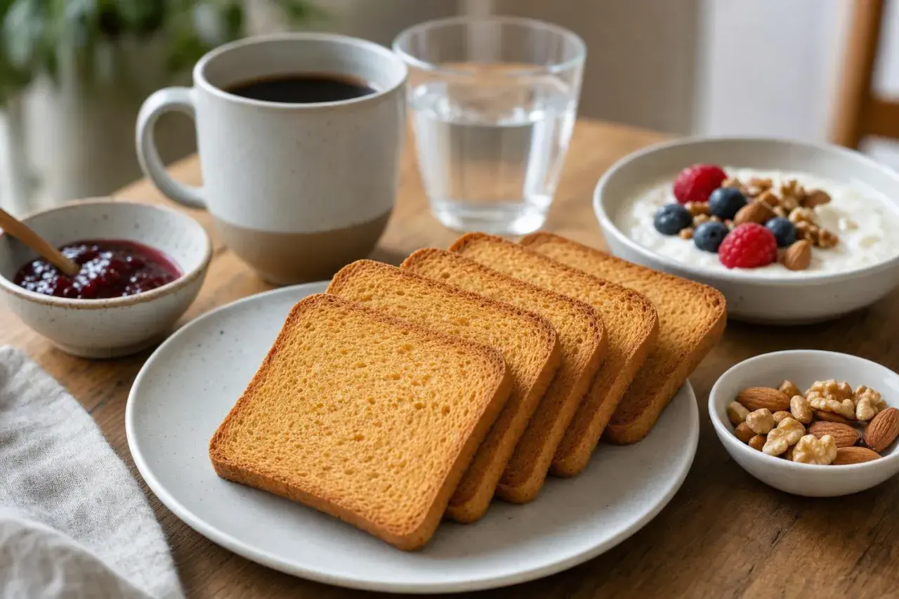 Fette biscottate dorate su un piatto, accompagnate da caffè, marmellata, yogurt con frutti di bosco e frutta secca.