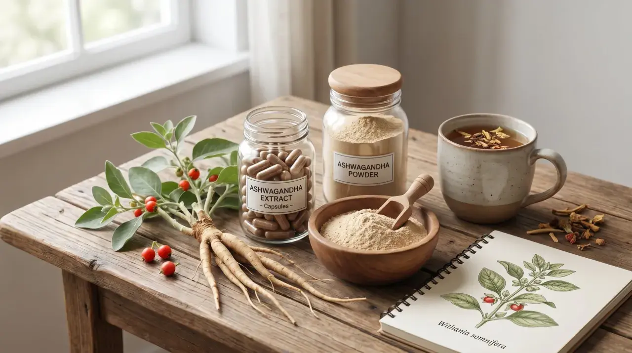 Ashwagandha na co? Frische Pflanze, Kapseln, Pulver und Tee auf Holztisch. Notizbuch zeigt Withania somnifera.