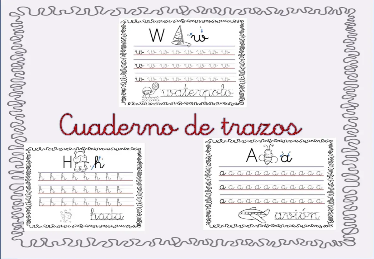 Cuaderno de trazos para grafomotricidad letras W, H y A. Ejercicios para practicar la escritura de vocales y consonantes.