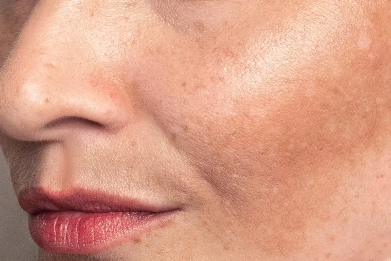 Primo piano del viso con macchie solari. La niacinamide può aiutare a ridurre le macchie solari e uniformare il tono della pelle.