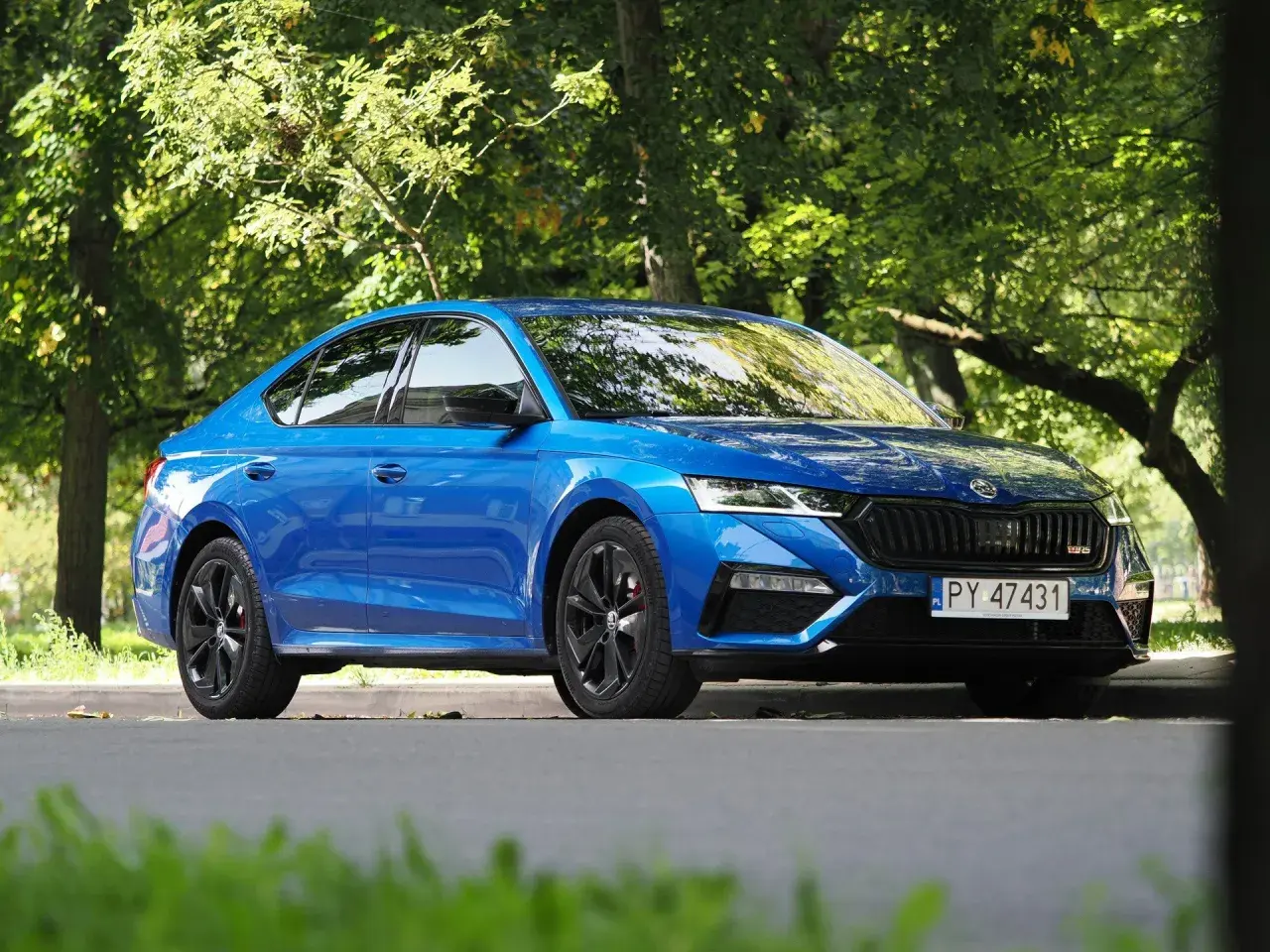 Błękitna Skoda Octavia RS 2025 z czarnymi felgami, zaparkowana wśród zieleni.
