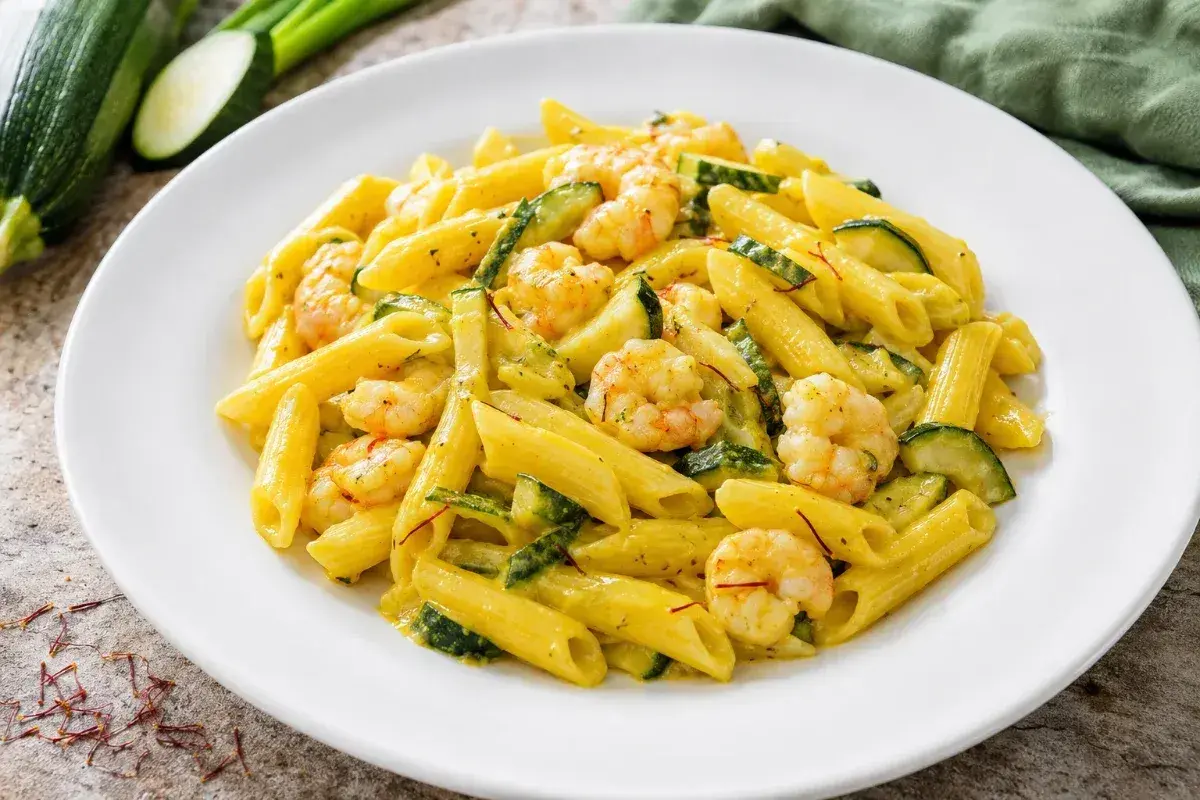 Piatto di pasta penne con zucchine e gamberetti, condito con una salsa cremosa e fili di zafferano.