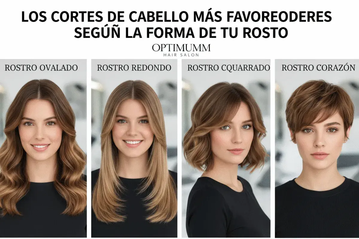 Cuatro mujeres muestran diferentes tipos de flequillo y cortes de cabello para rostros ovalados, redondos, cuadrados y en forma de corazón.