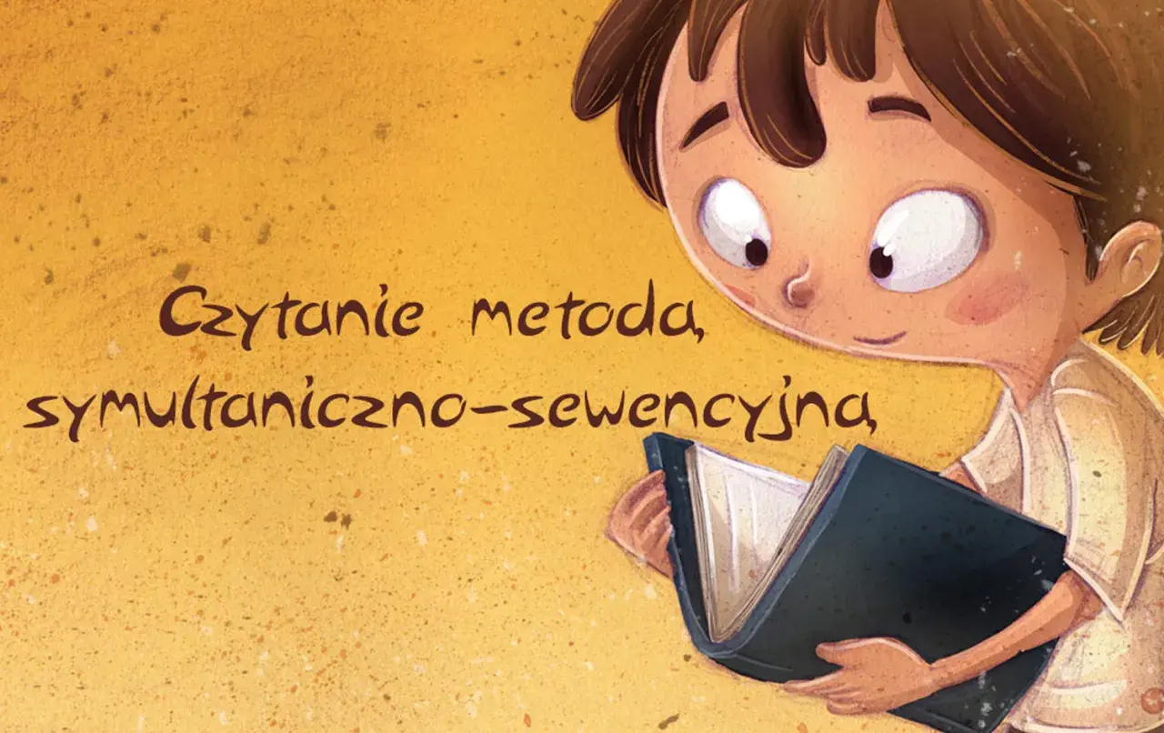 Ilustracja dziecka czytającego książkę, z tekstem "Czytanie metoda, symultaniczno-sekwencyjna".