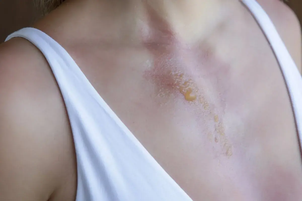 Peau rougie et cloquée sur le décolleté, signe de pigmentation de la peau après brûlure.