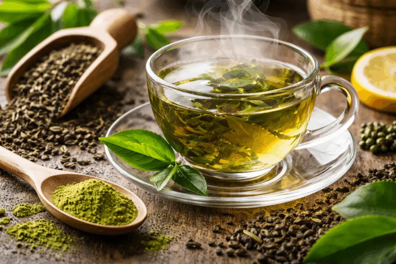 Tazza fumante di tè verde, con foglie e polvere di tè. Scopri i te verde benefici per il tuo benessere.