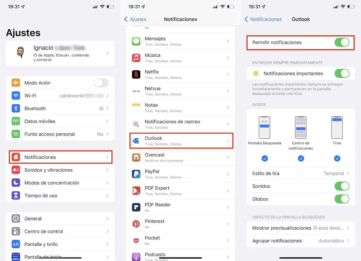 Jak wyciszyć powiadomienia iPhone: w Ustawieniach wybierz Powiadomienia, a następnie Outlook. Wyłącz "Pozwól na powiadomienia".