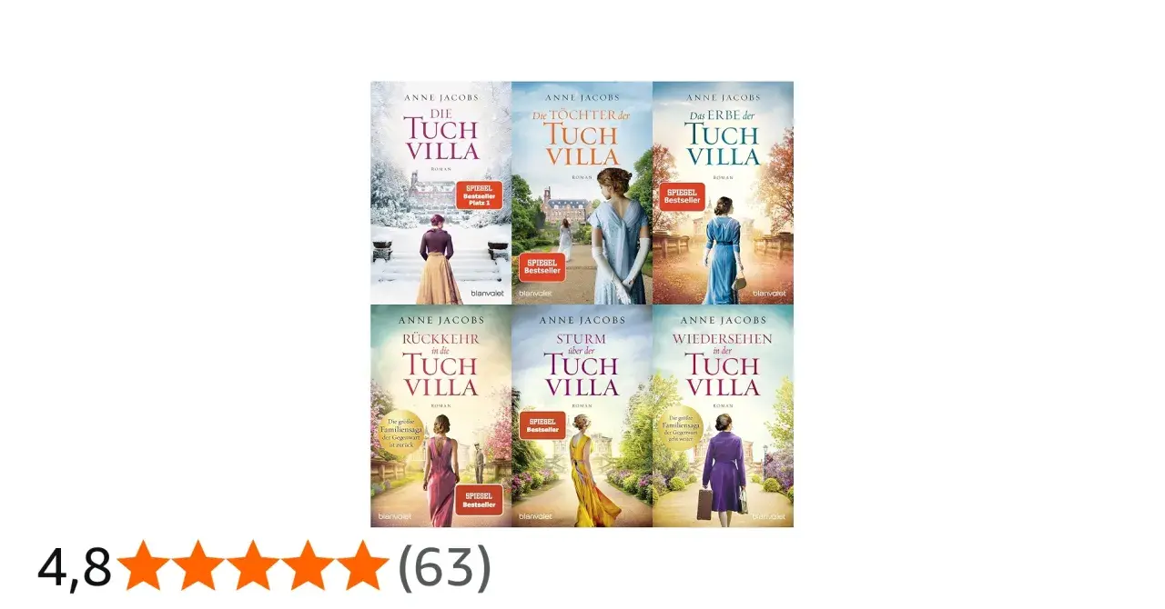 Die Buchreihe "Die Tuch Villa" von Anne Jacobs in chronologischer Reihenfolge: "Die Tuch Villa", "Die Töchter der Tuch Villa", "Das Erbe der Tuch Villa", "Rückkehr in die Tuch Villa", "Sturm über der Tuch Villa", "Wiedersehen in der Tuch Villa".